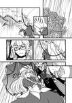  1girl bow comic dress flower glasses greyscale hat highres hydrangea long_hair low monochrome morichika_rinnosuke musical_note open_mouth rain sigh smile sweatdrop touhou umbrella watch yakumo_yukari 