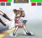  bangle battle boots bracelet brown_hair closed_eyes gameplay_mechanics ground_shatter hair_bobbles hair_ornament health_bar jewelry kung_fu mary_janes misonou_hirokichi multiple_girls parody pink_skirt shiina_mayuri shoes short_twintails skirt socks steins;gate stuffed_toy tennouji_nae tetsuzankou twintails virtua_fighter 