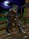  cactus canine catmonkshiro chaps claws clothing cowboy ears full_moon mammal moon nose pants paws shirt spurs transformation were werewolf western wolf 