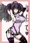  adjusting_hair alternate_costume arms_up black_legwear black_wings breasts brown_hair chinese_clothes cleavage_cutout covered_nipples dress elbow_gloves garter_straps gloves hat heart heart_cutout himekaidou_hatate impossible_clothes impossible_dress jema large_breasts legs long_hair no_bra panties pink_eyes pose side-tie_panties side_slit sideboob simple_background sketch smile solo thighhighs thighs tokin_hat touhou twintails underwear wings 