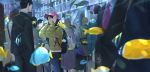  1girl aquarium backpack bag baseball_cap blurry blurry_foreground bubble commentary_request covering_ears crowd depth_of_field eyes_closed fish formal hat jacket original somehira_katsu suit watch wristwatch 