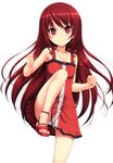  amulet armpits bare_shoulders blush character_request clenched_hands dress duplicate leg_lift long_hair odoru_hoshifuru_reneshikuru panties pantyshot red_eyes red_hair ribbon sara_mizuki shoes short_dress simple_background solo takayaki underwear very_long_hair white_background 