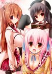  animal_ears black_hair black_legwear blush breasts cassini_m_bisuko cat_ears cleavage cover hair_ribbon hat highres large_breasts long_hair looking_at_viewer mia_flatpaddy multiple_girls open_mouth orange_eyes original pink_hair red_eyes ribbon shia_flatpaddy syroh thighhighs twintails 