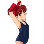  armpits arms_up brown_eyes brown_hair child face flat_chest kiki majo_no_takkyuubin one-piece_swimsuit ponytail porinky school_swimsuit short_hair solo swimsuit 