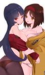  2girls arm_grab ass bare_shoulders black_legwear blush breast_press breasts butt_crack chorimokki closed_mouth clothes_down commentary_request cowboy_shot creatures_(company) embarrassed erika_(pokemon) eyebrows_visible_through_hair from_side frown game_freak groin hairband highres japanese_clothes large_breasts long_hair long_sleeves looking_at_another looking_to_the_side multiple_girls natsume_(pokemon) nintendo no_bra panties panties_under_pantyhose pantyhose parted_lips pink_lips pokemon purple_eyes red_hairband short_hair simple_background standing thighs underwear undressing v-shaped_eyebrows white_background white_panties yellow_eyes yuri 
