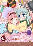  bad_id bad_pixiv_id blanket blue_eyes bowl eyeball food fruit game_boy game_console green_eyes green_hair hairband handheld_game_console hat hat_removed headwear_removed heart heart_pillow hug kaenbyou_rin komeiji_koishi komeiji_satori lying makino_(ukiuo) mandarin_orange multiple_girls on_back on_side one_eye_closed open_mouth pillow pink_eyes pink_hair sega_saturn senbei shirt short_hair siblings silver_hair sisters smile third_eye tissue_box touhou upper_body video_game 