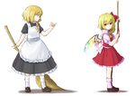  apron ascot bamboo_broom blonde_hair broom dress flandre_scarlet highres kirisame_marisa multiple_girls no_hat no_headwear noose pinky_out puffy_sleeves red_eyes ribbon shoes short_sleeves side_ponytail skirt tamaki_hakobe touhou wings 