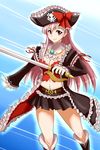  belt boots bow breasts captain_liliana cleavage frills hat highres jolly_roger long_hair medium_breasts midriff pink_hair pirate_hat pleated_skirt queen's_blade queen's_blade_rebellion sekitaku skirt skull_and_crossed_swords smile solo sword weapon 