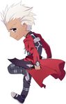  archer chibi cloak dameaki dark_skin dark_skinned_male fate/stay_night fate_(series) grey_eyes kanshou_&amp;_bakuya male_focus solo sword weapon white_hair 