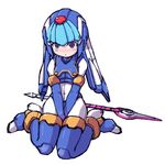  android between_thighs blue_eyes breasts elbow_gloves girutaabo gloves knees_together_feet_apart leviathan_(rockman) rockman rockman_zero sitting small_breasts solo staff thighhighs v_arms wariza 