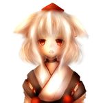  alternate_costume amanojaku animal_ears bad_id bad_pixiv_id blush choker collarbone fang hat highres inubashiri_momiji kourindou_tengu_costume red_eyes simple_background solo tears tokin_hat touhou upper_body white_hair wolf_ears 