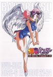  90s angel_wings bakuretsu_hunters bare_legs breasts bun_cover china_dress chinese_clothes copyright_name daughter_(bakuretsu_hunters) double_bun dress earrings full_body green_eyes happy high_heels jewelry legs logo long_legs medium_breasts official_art pointy_ears purple_hair scan shoes short_hair side_slit solo thighs wings 