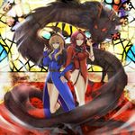  2girls blonde_hair blue_eyes crossover dragon female genderswap goenitz highres johann king_of_fighters m.u.g.e.n midnight_bliss multiple_girls rage_of_the_dragons red_eyes red_hair snk 