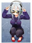  breasts double_v headphones jewelry kneeling kuromaru9 leggings medium_breasts necklace original solo sunglasses sweater v 