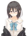  black_hair blazer bow brown_eyes dress_shirt hair_between_eyes inaba_himeko jacket kokoro_connect mukunoki_nanatsu off_shoulder school_uniform shirt shirt_pull solo undressing 