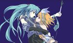  2girls aqua_eyes aqua_hair blonde_hair blue_eyes hatsune_miku kagamine_rin leek twintails vocaloid yuri 