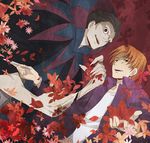  black_eyes caster_(fate/zero) claws fate/zero fate_(series) fingernails grey_hair leaf long_fingernails male_focus maple_leaf multiple_boys red_hair robe scalpel uryuu_ryuunosuke yun_(neo) 