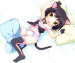  animal_ears armpits arms_up black_hair brown_eyes camisole cat_ears fang gloves highres kyoukai_no_rinne lying navel panties pillow short_hair smile solo suzu_(kyoukai_no_rinne) tail thighhighs underwear usashiro_mani 