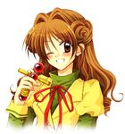  artist_request blush brown_eyes brown_hair cross drill_hair holding kamikaze_kaitou_jeanne kusakabe_maron long_hair lowres one_eye_closed puffy_sleeves school_uniform smile solo 