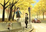  :d autumn autumn_leaves balancing black_hair calico car cat crosswalk day ground_vehicle guard_rail highres imaoka lamppost motor_vehicle multiple_girls open_mouth original outdoors smile traffic_light tree volkswagen_beetle walking 