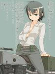  arakure arm_support belt blush_stickers breast_grab breasts dress_shirt expressionless grabbing green_eyes ground_vehicle hand_under_clothes hand_under_shirt hermes highres kino kino_no_tabi medium_breasts motor_vehicle motorcycle pants reverse_trap shirt short_hair solo translated unbuttoned 
