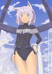  blue_eyes bob_cut cloud day fang hand_on_hip leotard momo_no_kanzume original short_hair silver_hair sky smile solo 