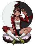  asahina_aoi breasts brown_hair butcha-u cleavage crossed_legs danganronpa danganronpa_1 dark_skin doughnut food grey_eyes hair_ornament hairclip indian_style jacket large_breasts ponytail shoes sitting smile sneakers socks solo white_legwear 