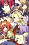  animal_print ar_tonelico ar_tonelico_i arched_back atelier_(series) atelier_marie aurica_nestmile bare_shoulders bat bat_print bat_wings blonde_hair blue_eyes bottle brown_hair choker cross_edge crossover disgaea earrings etna gloves green_eyes hairband headdress highres hirano_katsuyuki jewelry lilith_aensland marie_(atelier) meu_(spectral_souls) multiple_crossover multiple_girls official_art one_eye_closed pantyhose pointy_ears print_legwear red_eyes red_hair short_hair skull spectral_(series) spectral_souls tongue vampire_(game) wings 