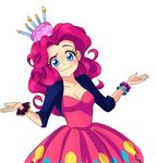  balloon blue_eyes blush bracelet breasts cake candle cleavage curly_hair food jewelry long_hair looking_at_viewer medium_breasts my_little_pony my_little_pony_friendship_is_magic personification pink_hair pinkie_pie raised_eyebrow semehammer shrug smile solo white_background 