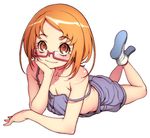  adapted_costume blush chin_rest eyelashes glasses hijiri_rei light_smile looking_at_viewer lying naked_overalls no_bra on_stomach orange_eyes orange_hair overalls pink-framed_eyewear precure shirabe_ako short_hair simple_background smile solo strap_slip suite_precure white_background 