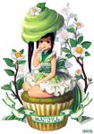  brown_hair corset cream cupcake flower food food_on_face food_on_head frills in_food japanese_clothes lolita_fashion long_hair minigirl muffin nayoung_wooh object_on_head original personification side_ponytail signature sitting sleeveless solo yokozuwari 