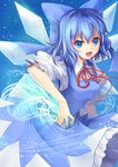  blue_eyes blue_hair bow cirno dress hair_bow highres ice open_mouth short_hair smile sola_(sola04) solo touhou wings 