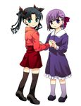  black_legwear blue_eyes brown_hair child dress fate/zero fate_(series) hair_ribbon holding_hands matou_sakura mgk968 multiple_girls purple_eyes purple_hair ribbon siblings sisters thighhighs toosaka_rin twintails younger 