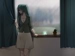  aqua_hair cactus cellphone curtains hatsune_miku indoors long_hair phone rain skirt solo soukaikei_non twintails vocaloid window 