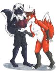  anthro breasts brown_hair canine clothing dickgirl duo fox fun hair herm intersex male mammal one_eye_closed red shirt skunk skunks smile surprise twillight werefox werefox_(character) white_hair wink 