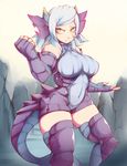  angry bare_shoulders blue_hair breasts clenched_hand curvy fighting_stance fingerless_gloves gloves green_eyes hips large_breasts legs monster_girl monster_hunter personification scar solo spine tail thick_thighs thighhighs thighs wide_hips yellow_eyes yian_garuga zako_(arvinry) 