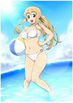  ahoge alternate_hairstyle ball beachball bikini blonde_hair blue_eyes cloud curvy day eyebrows front-tie_top hips k-on! komase_(jkp423) kotobuki_tsumugi lens_flare long_hair navel o-ring o-ring_bottom ocean open_mouth ponytail round_teeth sky solo sunlight swimsuit teeth thick_eyebrows toned wading water white_bikini wide_hips 