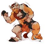  biceps bovine brown_hair cattle chest_tuft clothing cow crotchboob ears fur hair hooves horn human human_feet kuma male mammal muscles nipples nose pants pecs plantigrade shirt solo spots standing tail tank_top teats torn_clothing transformation tuft udders white_fur 
