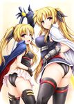  :d ass bardiche black_legwear black_panties blonde_hair blush breasts cape dual_persona fate_testarossa gauntlets hair_ribbon highres long_hair looking_at_viewer looking_back lyrical_nanoha mahou_shoujo_lyrical_nanoha mahou_shoujo_lyrical_nanoha_strikers mahou_shoujo_lyrical_nanoha_the_movie_1st medium_breasts multiple_girls older open_mouth panties red_eyes ribbon skirt small_breasts smile thighhighs time_paradox twintails underwear uni8 weapon younger 