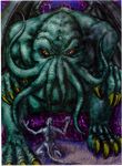  cthulhu cthulhu_mythos dagon green green_body h.p._lovecraft kneeling male red_eyes sitting tail tentacles unknown_artist wings yellow_sclera 
