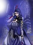  1girl adjusting_glasses amulet artist_request bayonetta bayonetta_(character) beauty_mark black_hair bodysuit breasts building buildings chains city cleavage_cutout curvy dark elbow_gloves erect_nipples female glasses gloves gun hair_bun hair_ribbon hair_up hips holding huge_breasts large_breasts lipstick long_hair makeup mole night outdoors red_ribbon ribbon sega solo standing very_long_hair weapon 