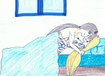  bedroom blonde_hair blue_eyes dog_ears female grey_hair hair in_bed male markings miss_z smirk smirking under_the_covers 