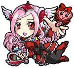  akarun black_legwear chibi choker cure_passion dress fresh_precure! frills head_wings heart higashi_setsuna long_hair lowres mikonon pantyhose passion_harp pink_hair precure red_dress red_eyes shoes smile tiara white_background 