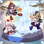  &gt;_&lt; animal_ears bow camera cellphone closed_eyes faux_figurine geta hair_bow hat himekaidou_hatate inubashiri_momiji kisasage_kouta leaf lowres multiple_girls phone pixel_art shameimaru_aya tengu-geta tokin_hat touhou twintails water waterfall wings 