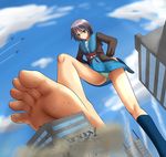  airplane building cloud destruction dre feet fighter_jet giantess glasses highres jet nagato_yuki panties purple_hair school_uniform single_sock sky socks soles suzumiya_haruhi_no_yuuutsu trample underwear upskirt 