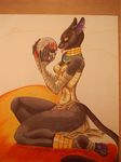  arcticfoxie bastet black black_fur breasts cat claws deity dress ear_piercing egyptian feline female fur goddess gold insane kneeling looking_at_viewer mammal pawpads piercing skull solo tail tongue 