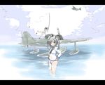  a6m2-n a6m_zero aircraft airplane animal_ears fishing fishing_rod h8k highres holding holding_fishing_rod hu_sea letterboxed military military_uniform multiple_girls panties seaplane smile striped striped_panties thighhighs underwear uniform wet world_war_ii world_witches_series 