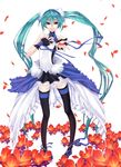  7th_dragon_(series) 7th_dragon_2020 aqua_eyes aqua_hair bare_shoulders hand_on_own_chest hatsune_miku long_hair outstretched_arm petals sentoiro skirt smile solo thighhighs twintails very_long_hair vocaloid 