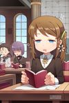  bangs blunt_bangs book braid brown_hair cropped_jacket drooling gilse long_hair lowres multiple_girls open_mouth paper purple_hair ribbon short_hair sitting sweater sword_girls twin_braids 