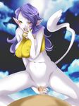  :3 abs animal_ears assertive atlus bell blue_hair blush bottomless breast_squeeze breasts cat_ears cat_tail erect_nipples holding_penis huge_breasts megami_tensei naughty_face nekomata nekomata_(megami_tensei) shin_megami_tensei straddle straddling tail uk-violet white_skin 